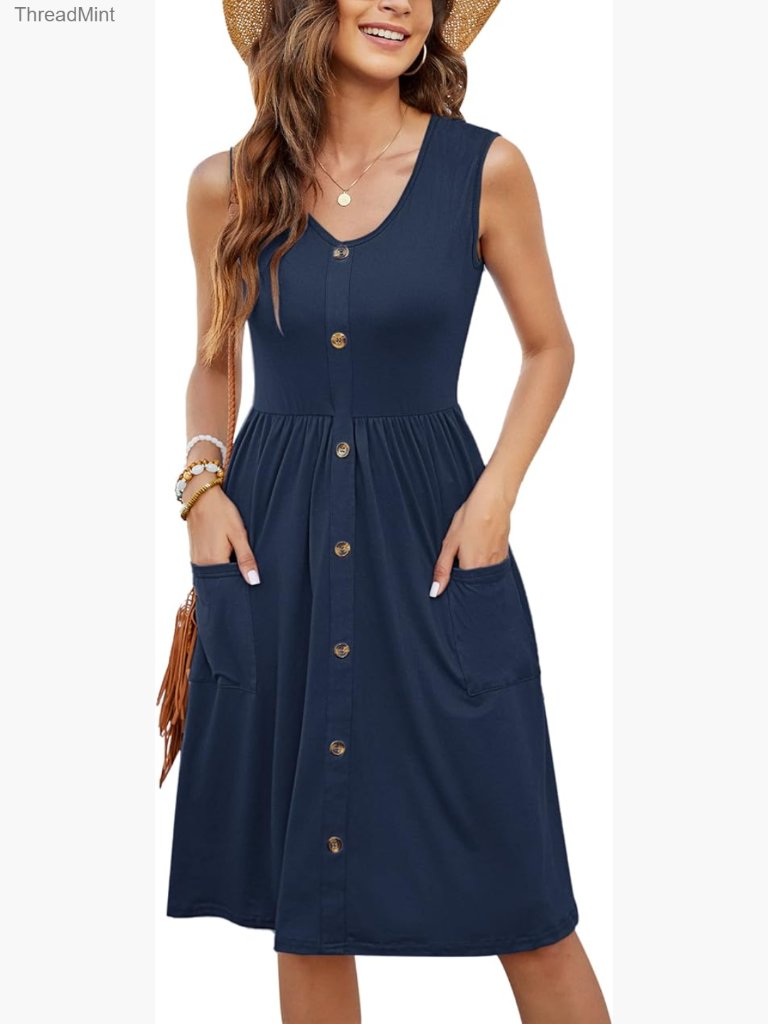 Sleeveless Swing Midi Dress With Pockets, Casual Loose Fit Summer Dress